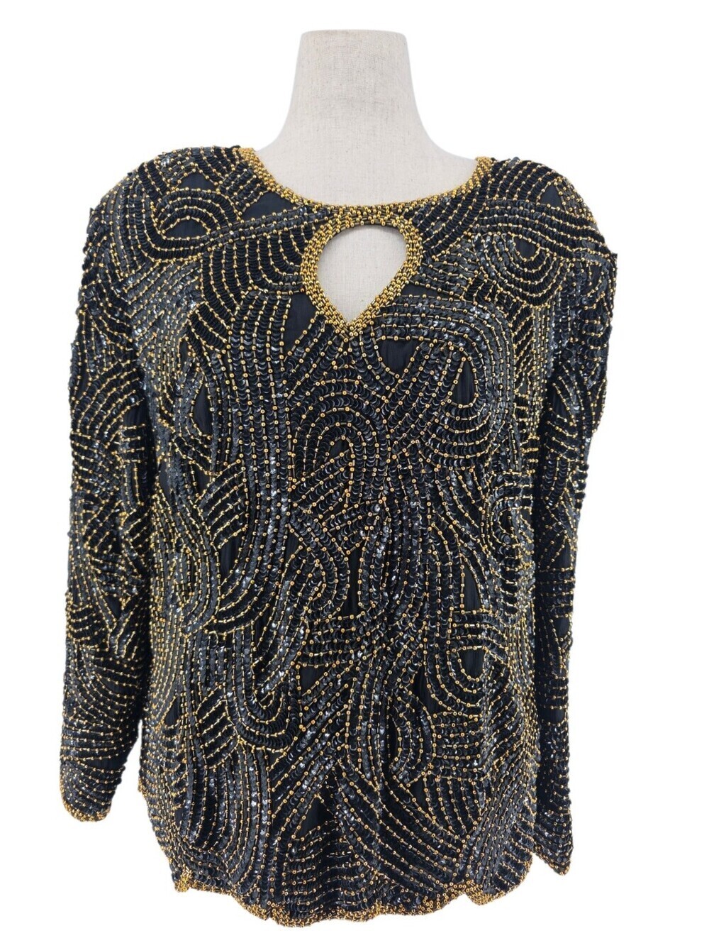Vintage Royal Feelings Black Gold Beaded Silk Top 2X 80s Sequin Party
